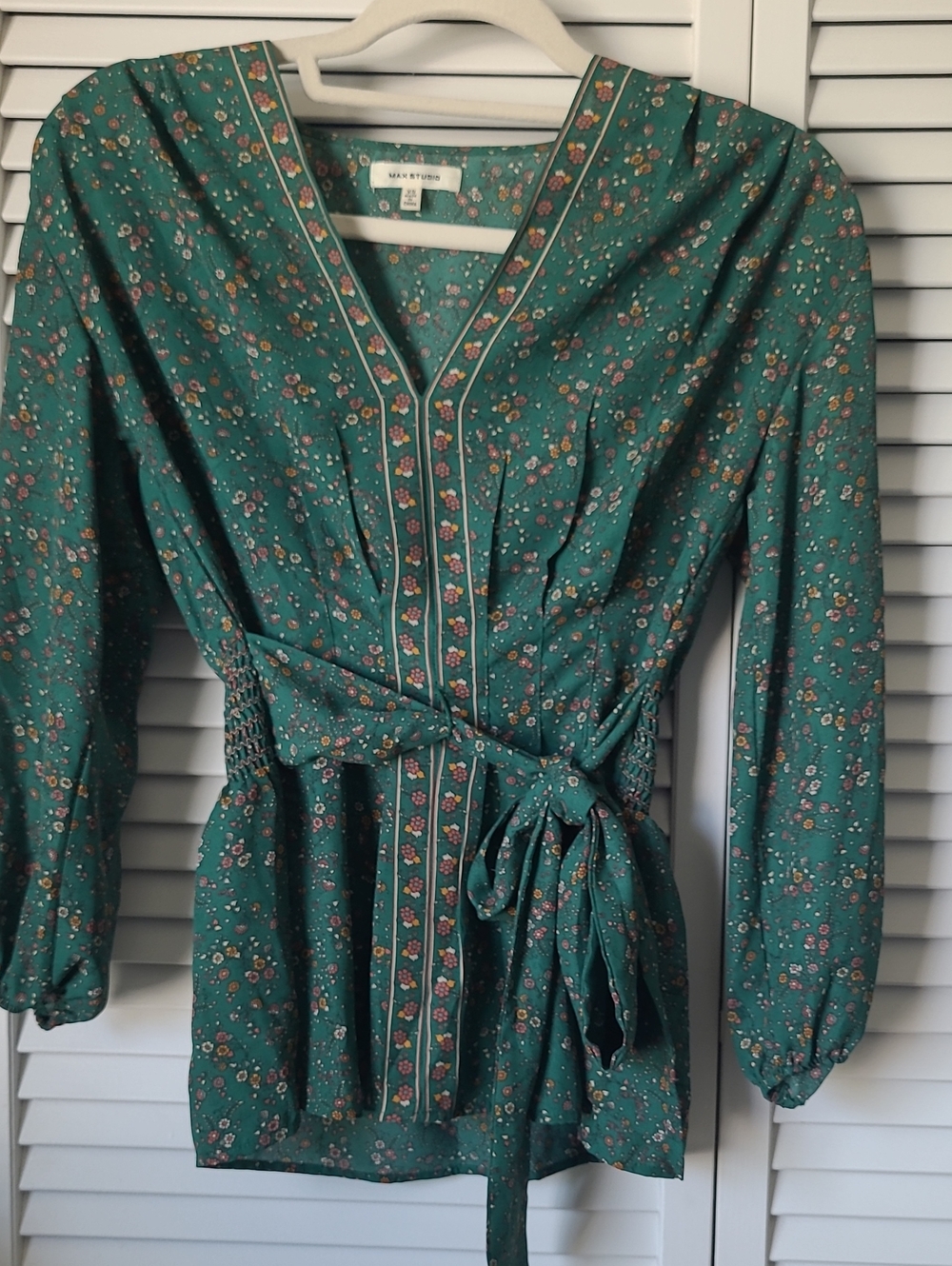 Max Studio Teal Green Floral Wrap Blouse